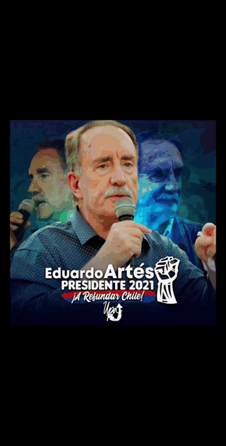 a man is holding a microphone with the words eduardo artes presidente 2021