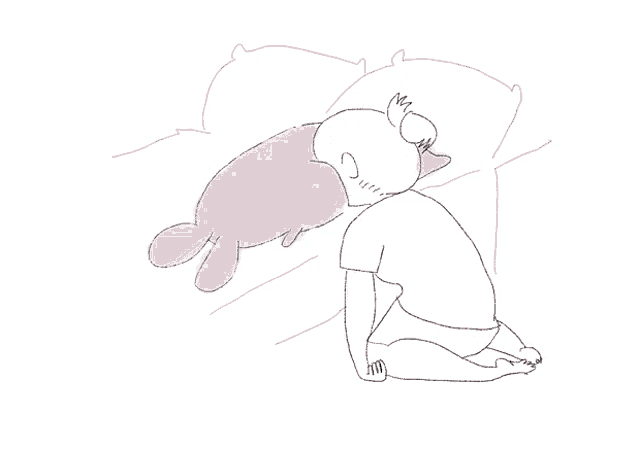 a drawing of a person kneeling next to a stuffed animal that looks like a rabbit