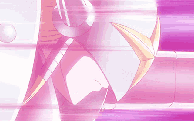 a close up of a pink and white cartoon character