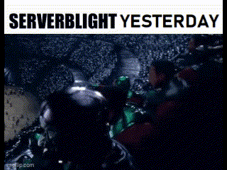 a picture of a group of people standing in a dark room with the words serverblight yesterday above them .
