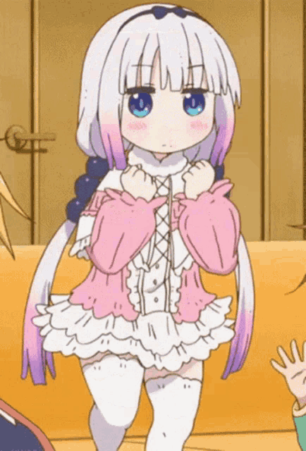 a girl with white hair and purple hair is standing in a room