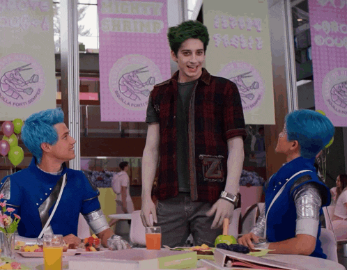 a man with green hair is standing in front of a sign that says shrimp