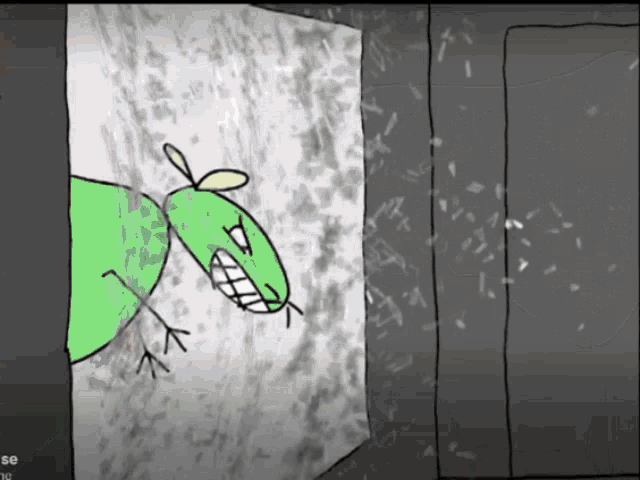a cartoon drawing of a green rat with a huge mouth
