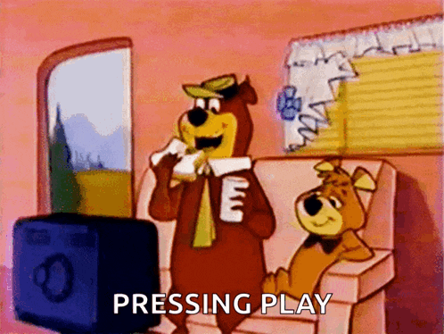 a cartoon of yogi bear sitting on a couch with the words pressing play behind him