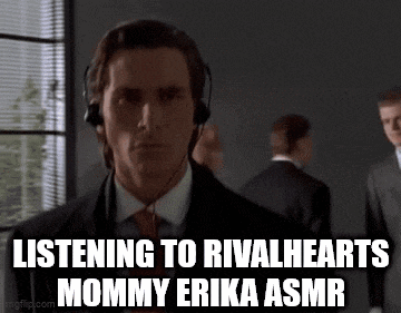 a man in a suit and tie is listening to rivalhearts mommy erika asmr while wearing headphones .