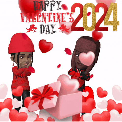 a happy valentine 's day greeting card with a couple of cartoon characters