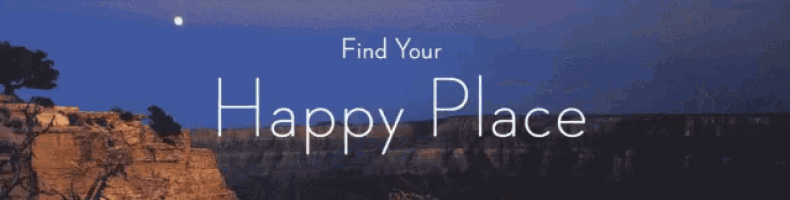 a sign that says find your happy place with a gondola on the water