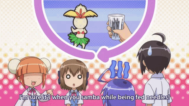 a cartoon character says i 'm sure it 's when your samba while being fed needles