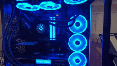 a computer case with a blue light that says evga on it