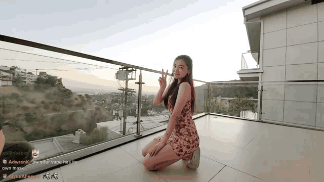 a woman in a pink dress is kneeling on a balcony with adwarenx 's own mask in the corner