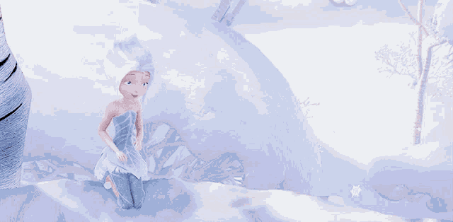 a cartoon fairy is flying through the air in the snow