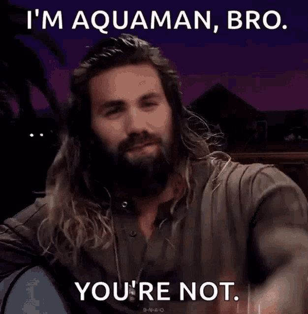 a man with long hair and a beard is saying i 'm aquaman bro you 're not .