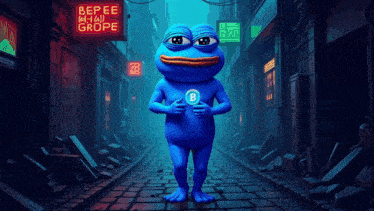 a blue frog with the letter b on his chest stands in front of a neon sign that says bepee grope