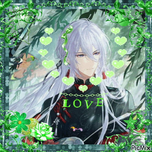 a picture of a man with long white hair has the word love written on it