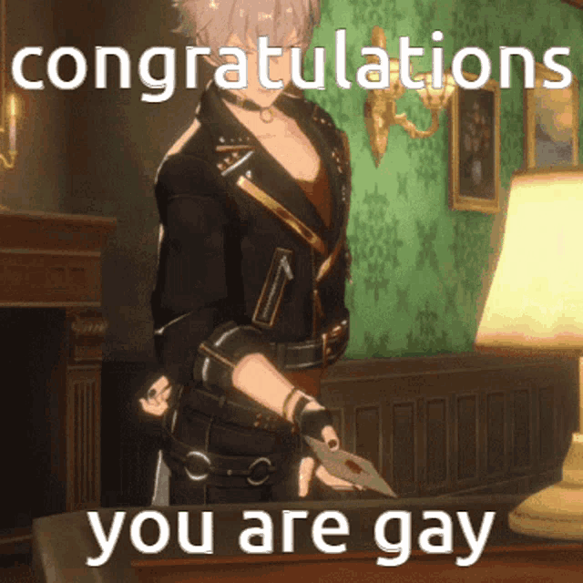 congratulations you are gay with a picture of a person holding a knife