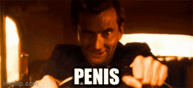 a man driving a car with the word penis written on the screen