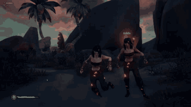 two women in a video game are standing next to each other and one of them has a green sign on her head that says ursula