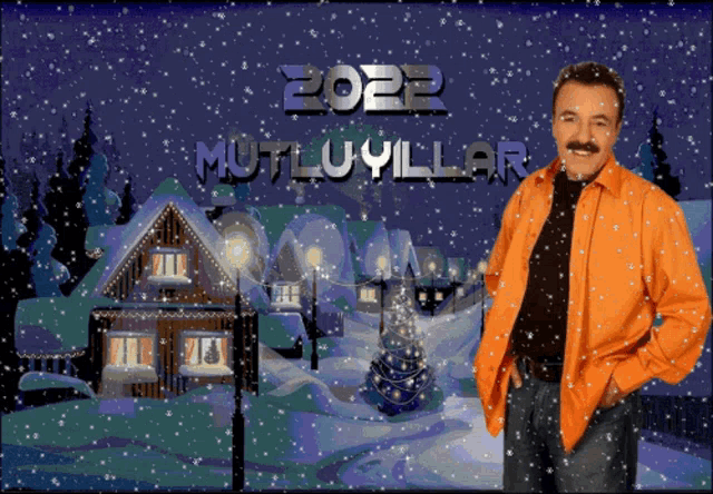 a man in an orange shirt stands in front of a snowy scene with the year 2022