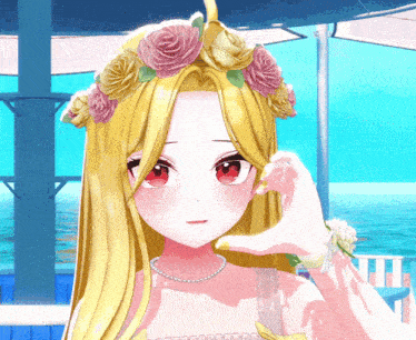 a girl with long blonde hair and a wreath of flowers on her head