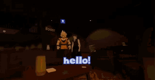 a person is holding a yellow stick in a video game and says `` hello '' .