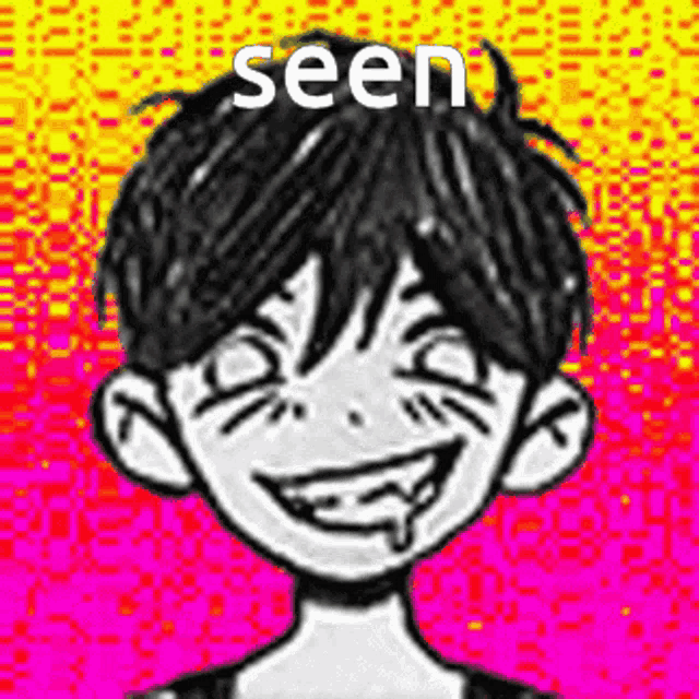 a black and white drawing of a boy with a smiley face and the words `` seen '' .
