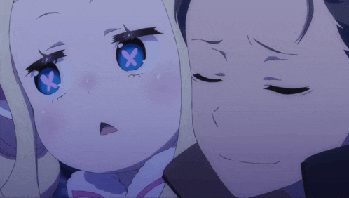 a man and a girl are looking at each other and the girl has an x on her eyes