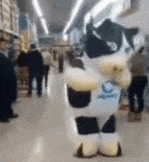 a black and white cat mascot is standing in a hallway in a store .