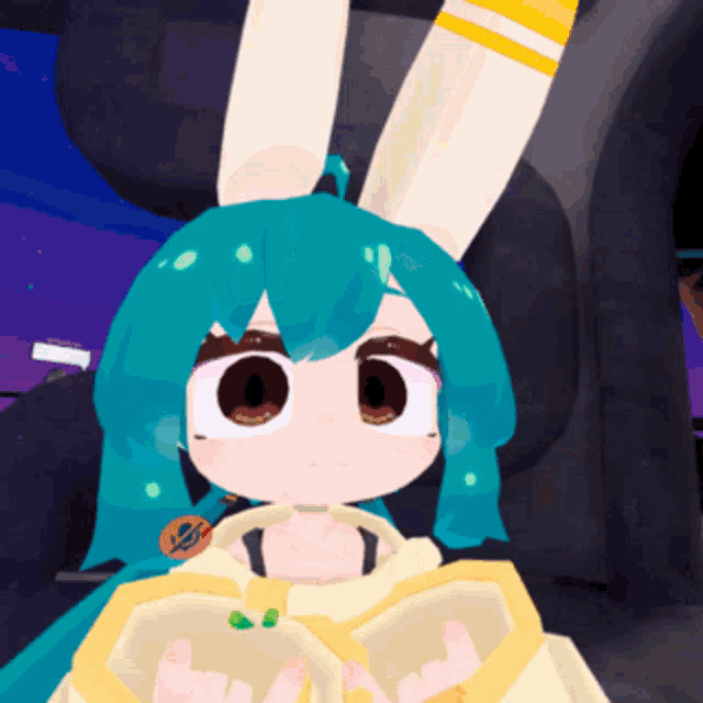 a cartoon girl with blue hair and white ears