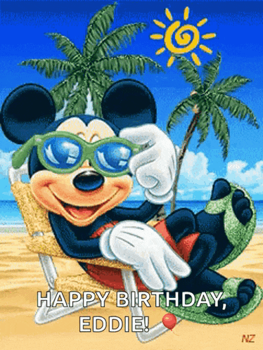a cartoon of mickey mouse wearing sunglasses on the beach