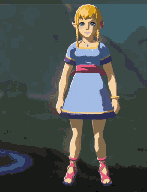 a cartoon of a girl in a blue dress and pink heels