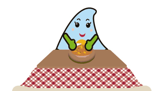 a cartoon character is sitting at a table with a bowl of oranges on it