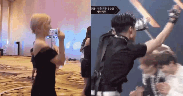 a woman taking a picture of a man holding a sword in front of a sign that says ' x '