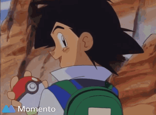 a cartoon of a boy with a backpack holding a pokeball with a momento logo in the corner