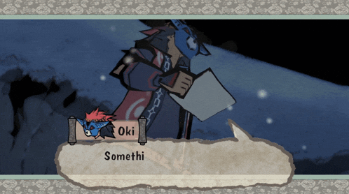 a cartoon character named oki is holding a piece of paper