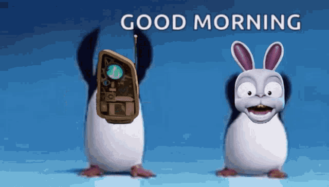 a penguin and a rabbit are standing next to each other with the words good morning written above them