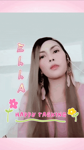a woman in a pink shirt with the words happy tasking behind her