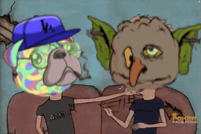 a cartoon of a dog and an owl with the words poker face pugs on the bottom right