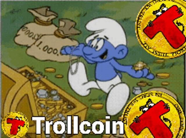 a cartoon of a smurf holding a bag of money with the words trollcoin written on the bottom