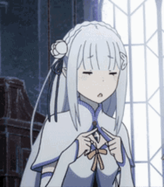 a girl with long white hair and a flower in her hair