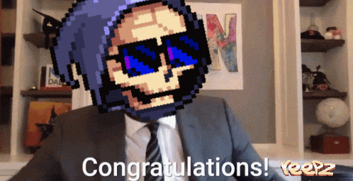 a pixel art of a man in a suit and tie congratulating someone