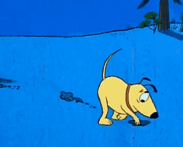 a cartoon dog is walking on a blue surface with a tree in the background