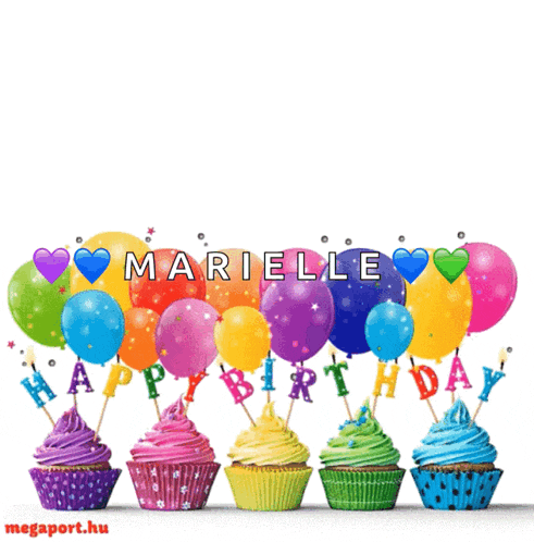 colorful cupcakes and balloons with the name marielle