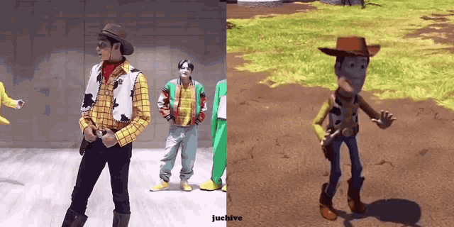a man in a woody costume is standing next to a toy story woody doll