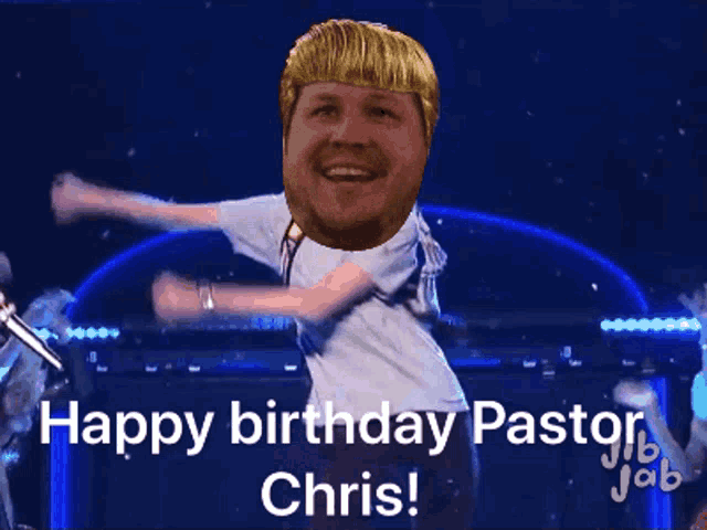 a picture of a man dancing with the words happy birthday pastor chris on the bottom