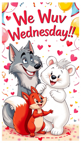 a cartoon of a wolf a squirrel and a polar bear with the words we wuv wednesday below them