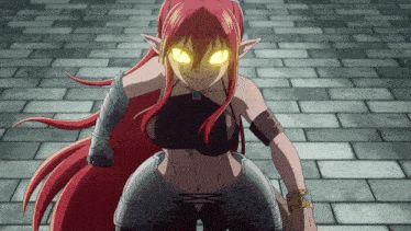 a woman with red hair and glowing eyes stands on a brick floor