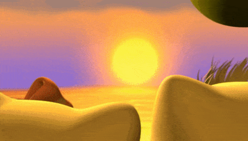 a cartoon scene of a desert with the sun setting in the distance