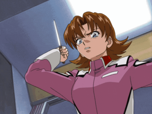 a girl in a pink jacket is holding a sword in her hand