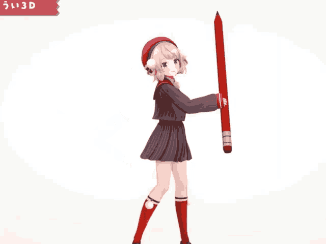 a girl in a school uniform is holding a large pencil in her right hand