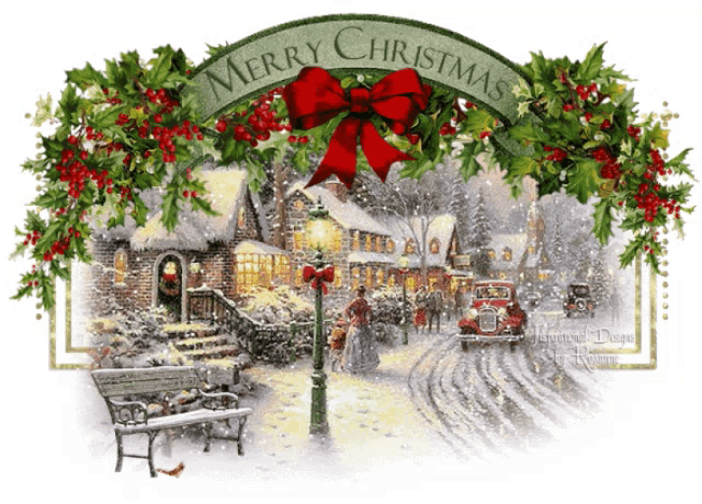 a merry christmas sign with a painting of a snowy village